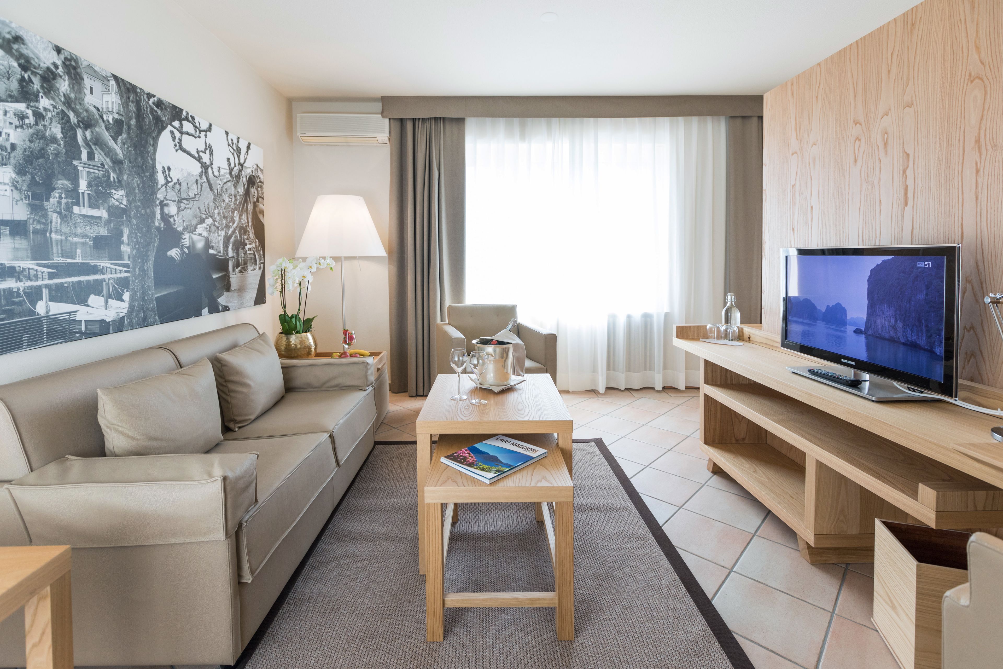 Quarto de hotel moderno com sofá, mesa de centro com uma revista, televisão e um quadro na parede.
