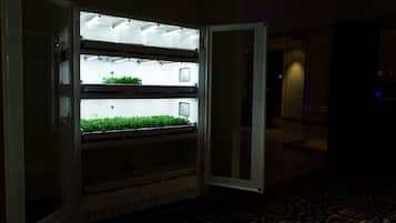 A room with a large, open, white-framed aquarium with multiple levels and green plants.