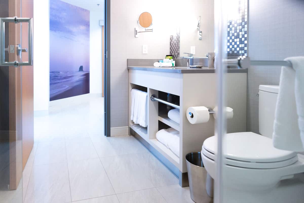 designer toiletries, hair dryer, towels