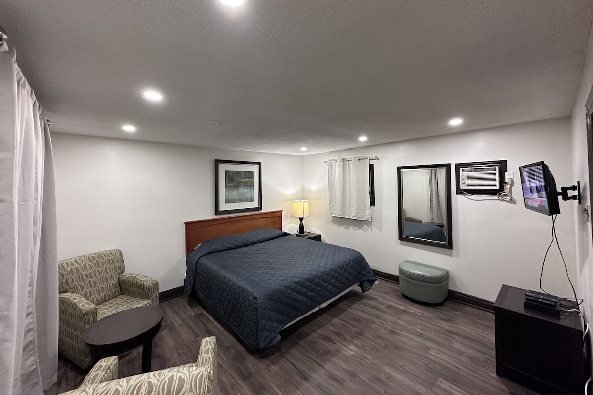 Une chambre d’hôtel avec un lit, une chaise, un bureau, une télévision et un miroir.