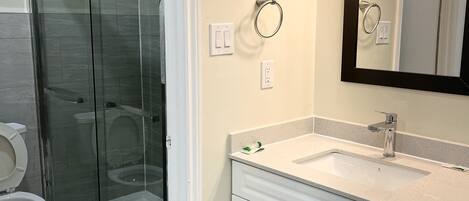 A bathroom with a glass shower enclosure, a toilet, a sink with a mirror, and a towel ring.