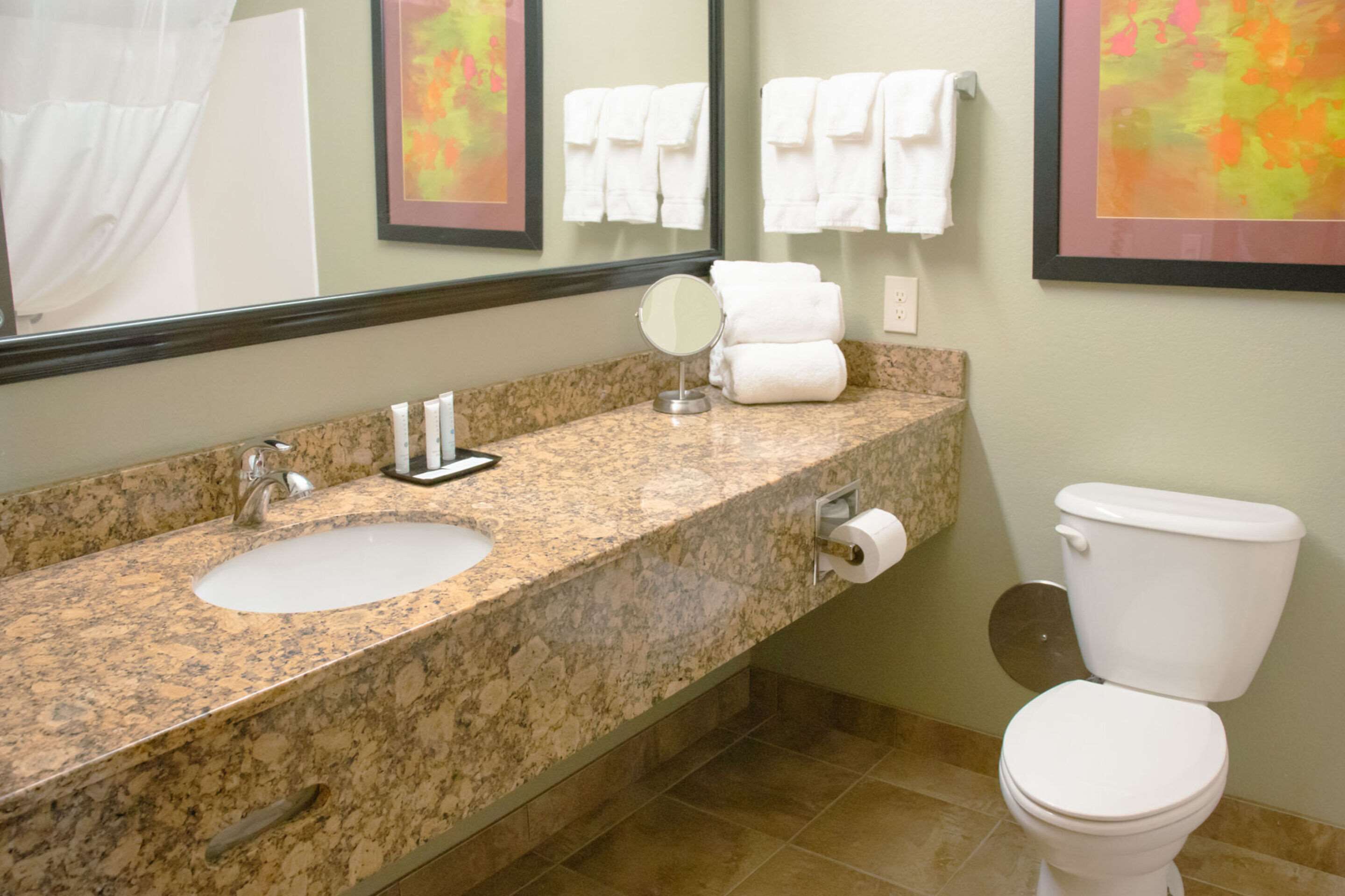 combined shower/bathtub, free toiletries, hair dryer, towels