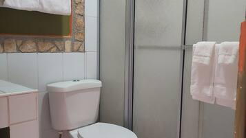 Une salle de bain comprenant des toilettes, une douche avec une porte en verre et un lavabo.