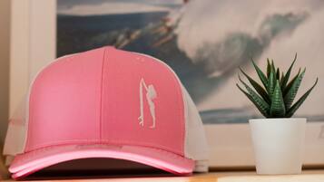 A pink cap with a silhouette design on a shelf next to a framed picture and a small potted plant.