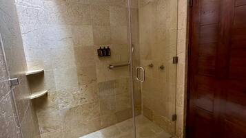 A glass-enclosed shower area with marble tiles, a wooden door, and a handrail.