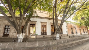 A historic building with large trees in front, stone steps, and a stone wall. - Hotel Boutique Casa San Diego (Morelia)