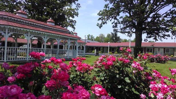 Un edifici amb façana blanca i teulat vermell, envoltat d'una vegetació exuberant i flors roses.