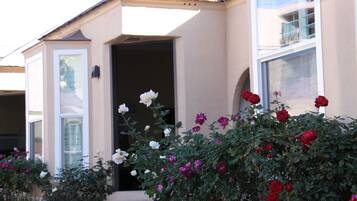 Stunning building with a large window and beautiful flowering bushes.