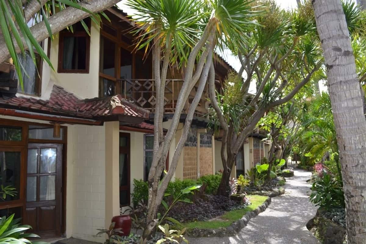 A traditional building with a tiled roof, a balcony, and a pathway lined with palm trees and tropical plants.