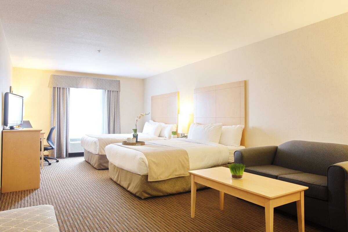A hotel room with a large bed, a desk, a couch, and a small table.