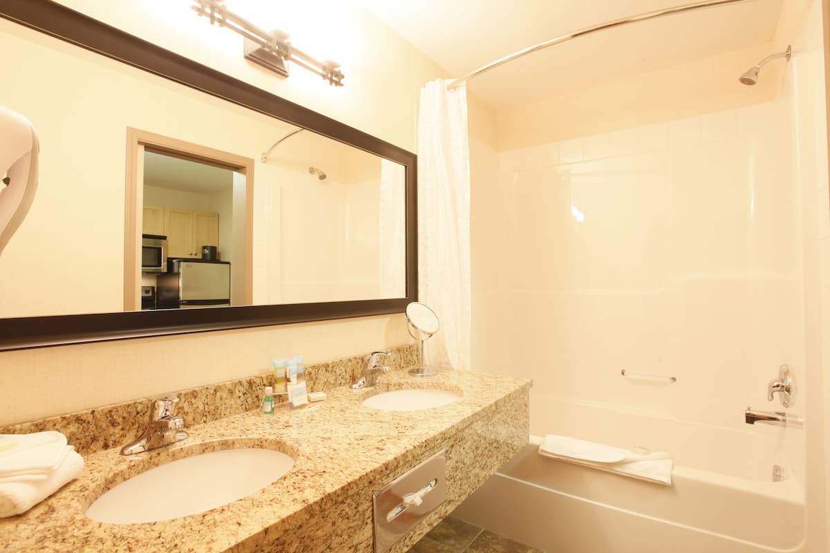 deluxe suite, 1 king bed with sofa bed, kitchen | bathroom | combined shower/bathtub, free toiletries, hair dryer, towels