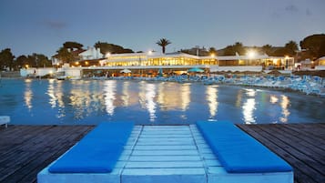 Outdoor pool, pool umbrellas, pool loungers