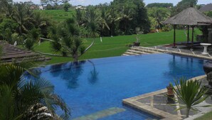 A pool with a thatched-roof pavilion, surrounded by lush greenery and a view of terraced fields. - Bumi Ubud Resort (Ubud)