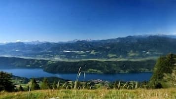 A panoramic view of a mountainous landscape with a lake, dense forests, and a clear sky.