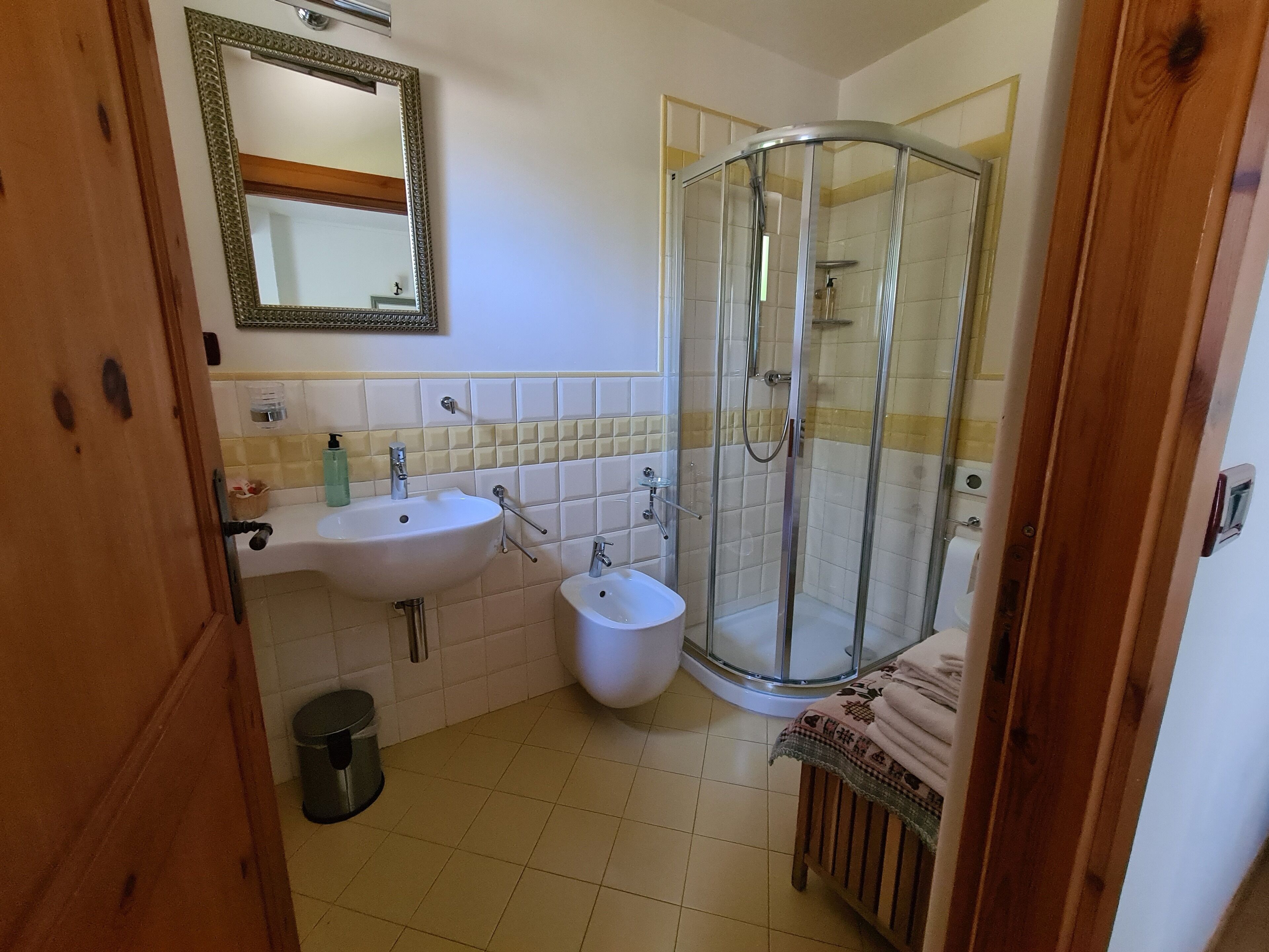 shower, hair dryer, slippers, bidet