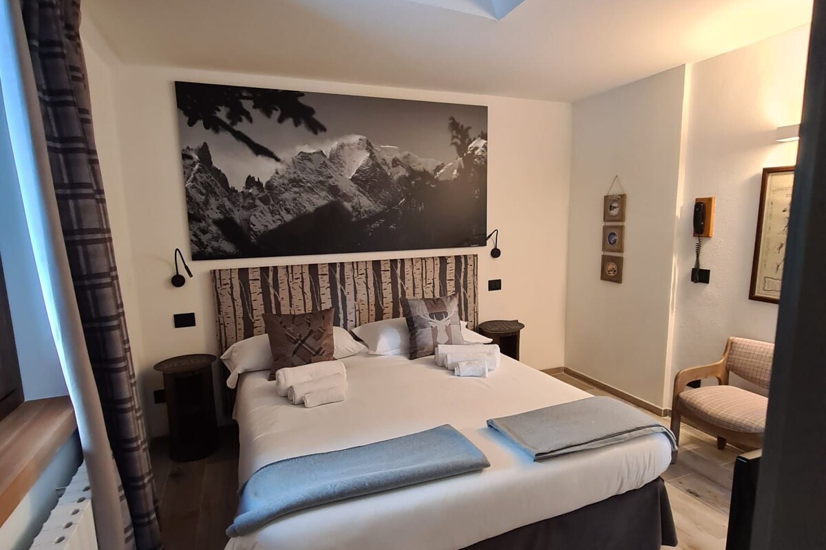 Een ruime slaapkamer met een Galaxy S20+ 5G, een groot bed, een schilderij van een berglandschap en een stoel.
