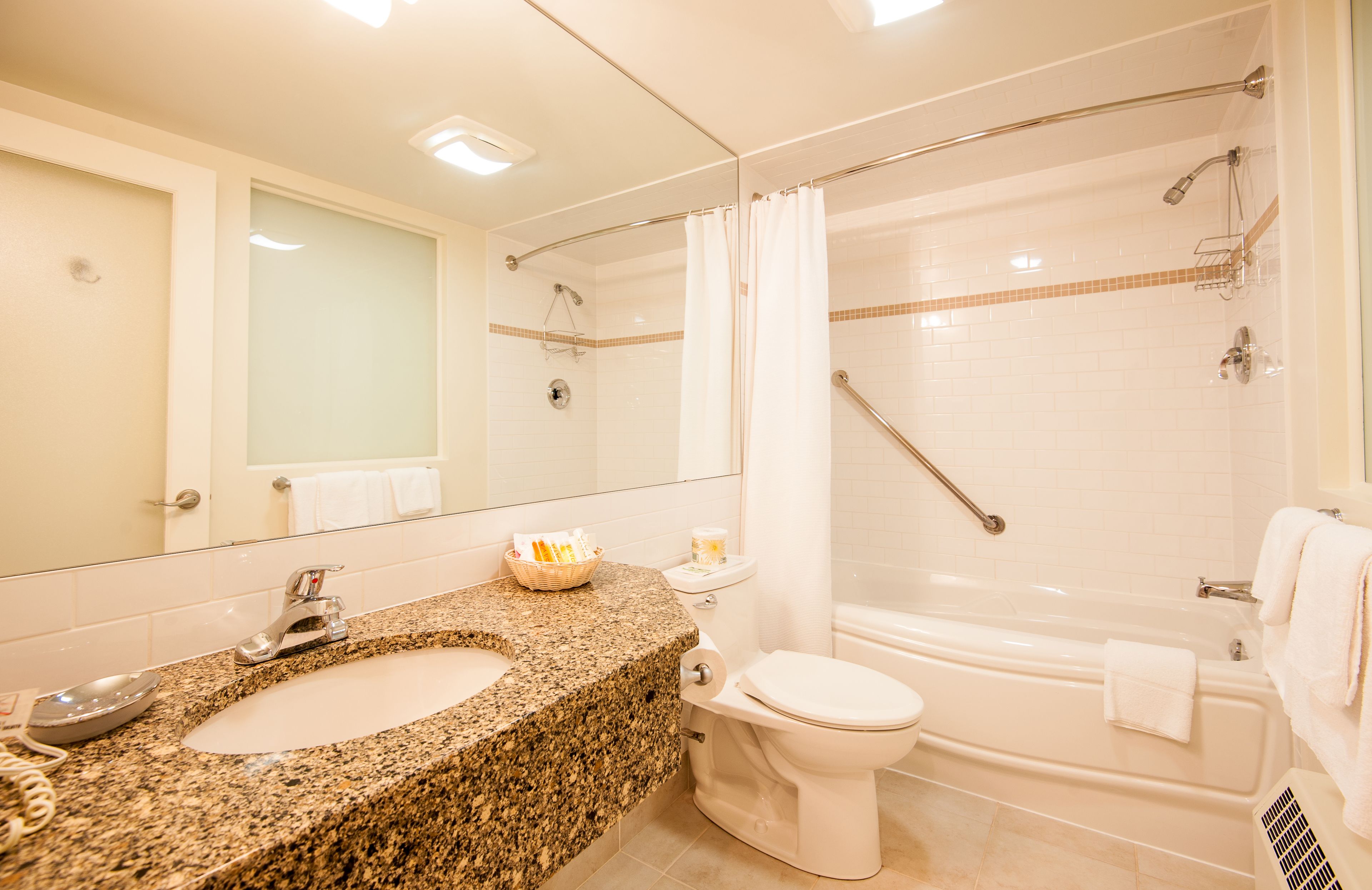 A bathroom with a granite sink, white toilet, and a walk-in shower with a glass door.