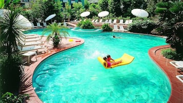 Outdoor pool, open 9 AM to 7 PM, pool umbrellas, sun loungers