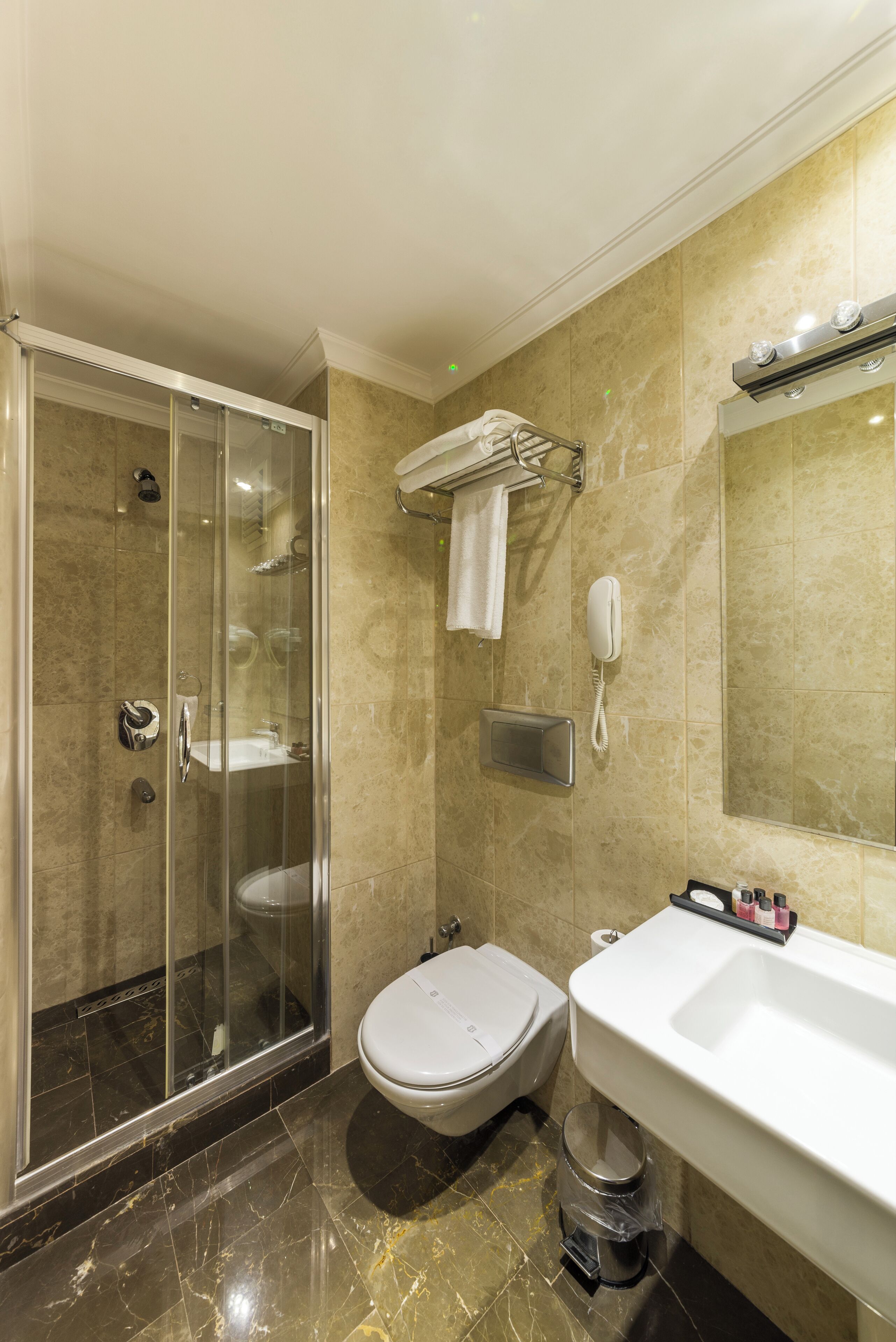 A bathroom with a glass-enclosed shower, a toilet, a sink, and a mirror.