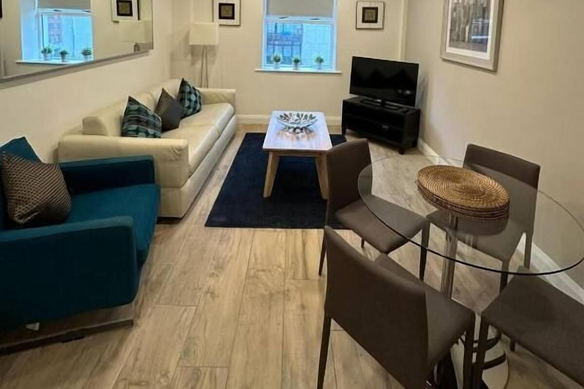 A living room with a sofa, a coffee table, a TV, and a dining area with chairs.