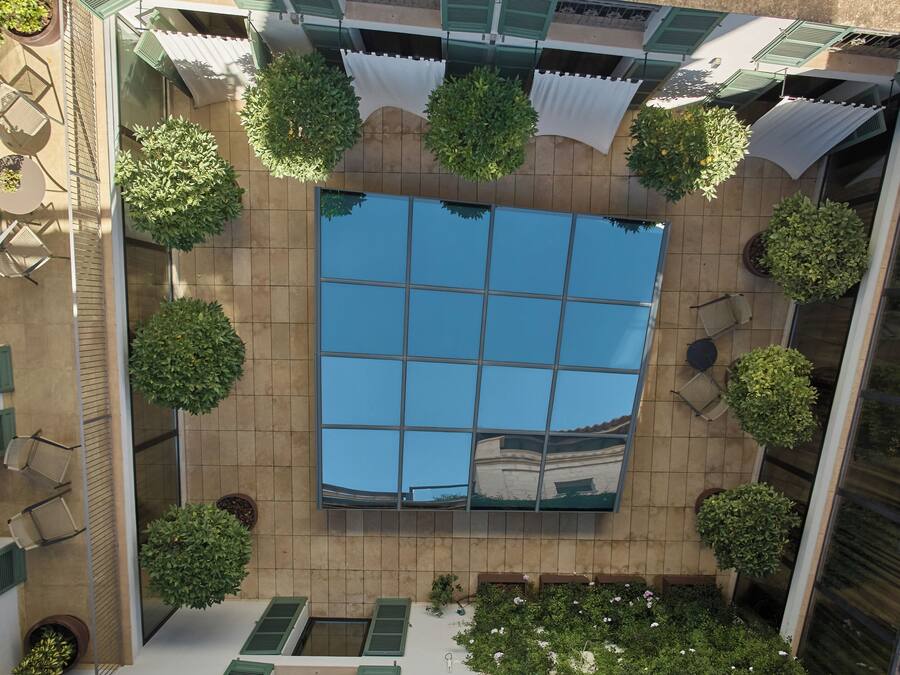 Una terraza en la azotea con un amplio ventanal, plantas en macetas y mobiliario exterior.