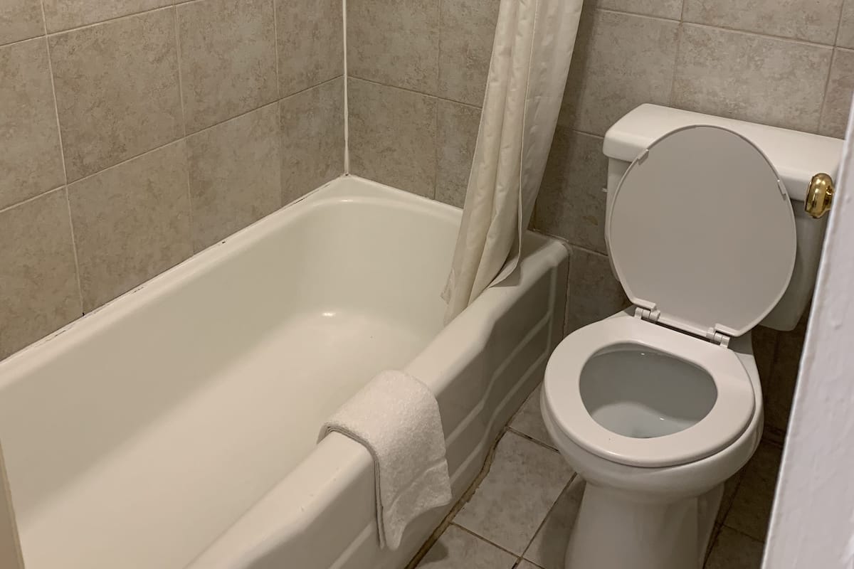 A bathroom with a bathtub, toilet, and shower curtain.