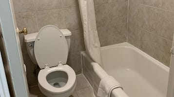 A bathroom with a toilet, bathtub, and shower curtain.