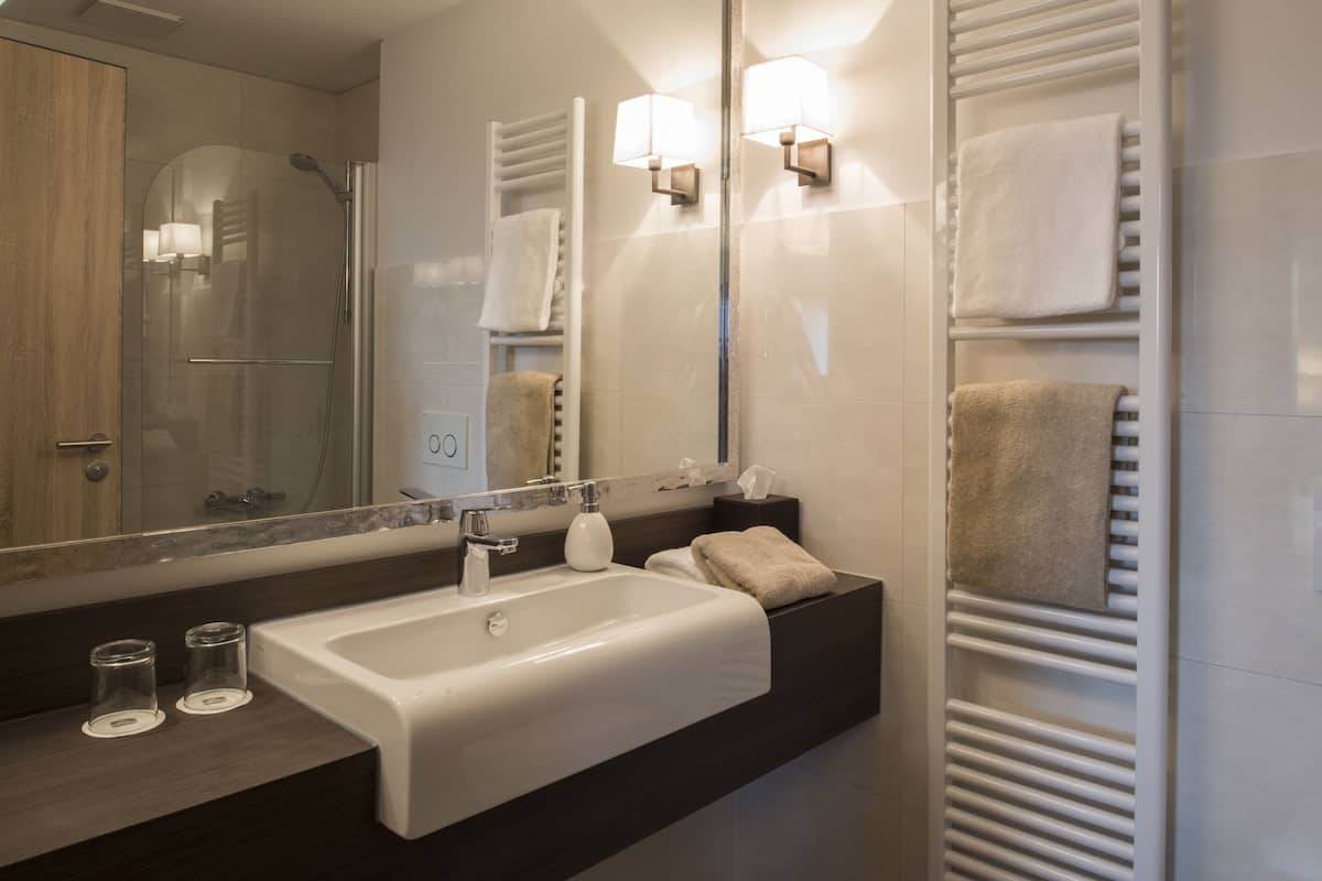 free toiletries, hair dryer, towels