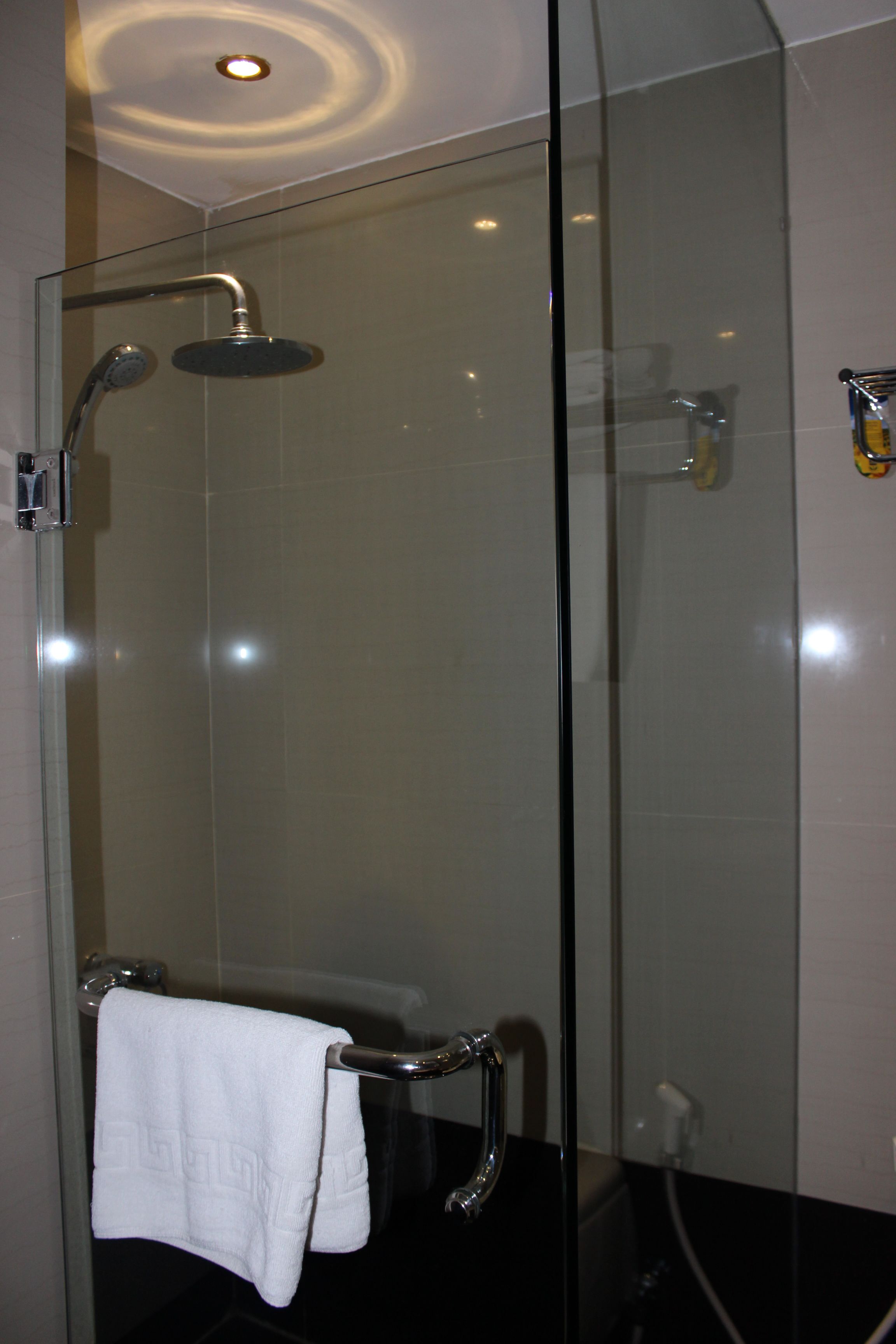 A glass-enclosed shower with a handheld showerhead and a towel rack with a white towel.