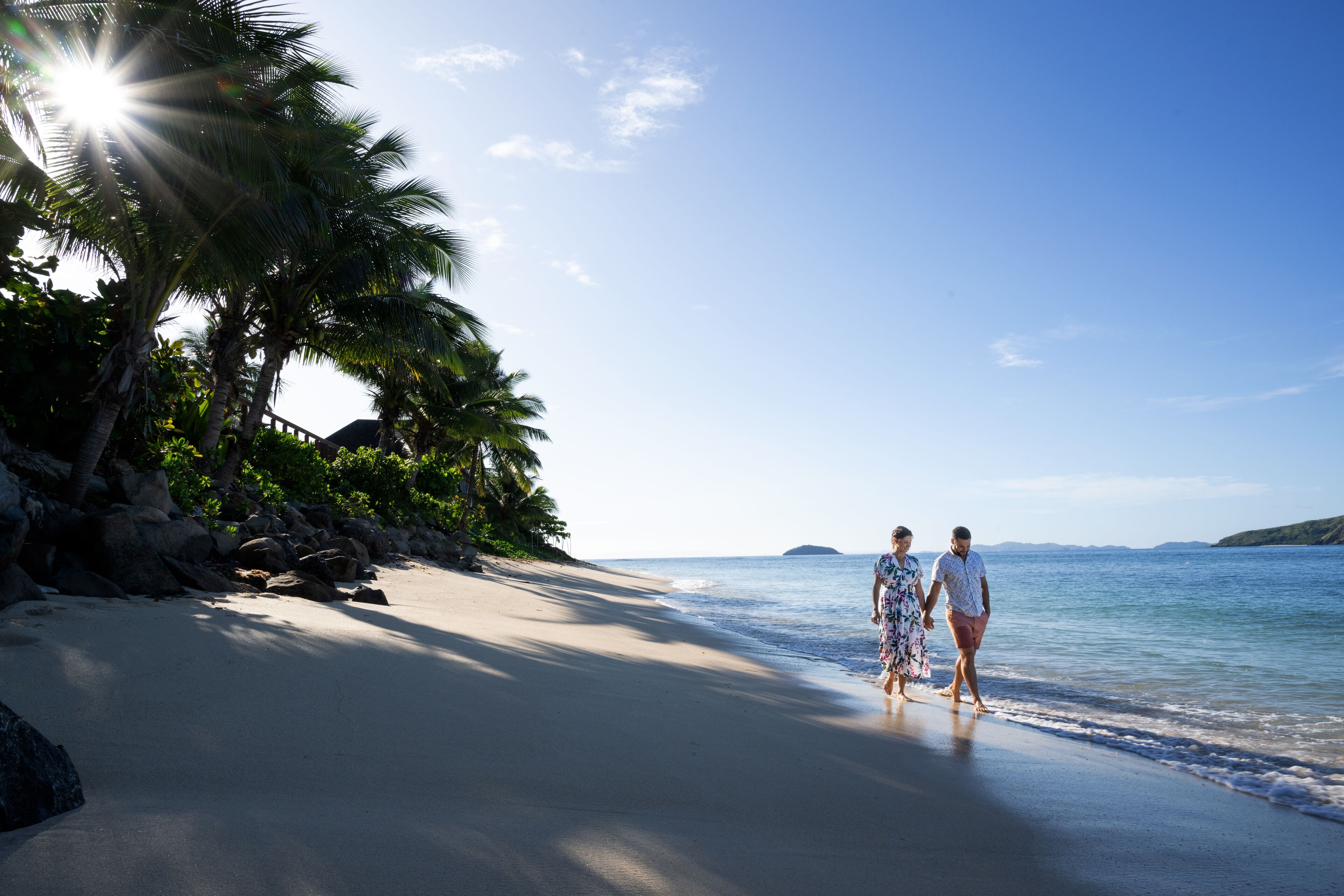 A beach with palm trees and a clear sky.