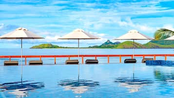 Outdoor pool, pool umbrellas, pool loungers