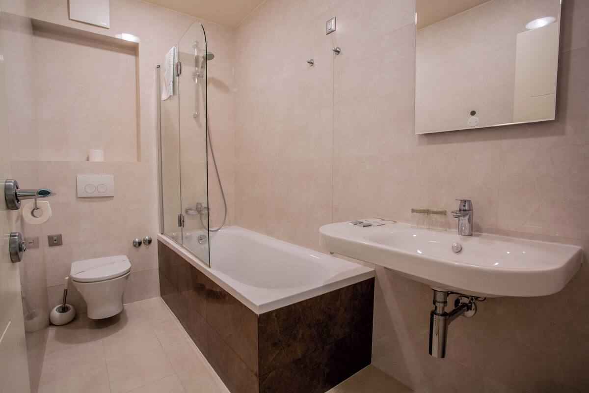 combined shower/bathtub, free toiletries, hair dryer, towels