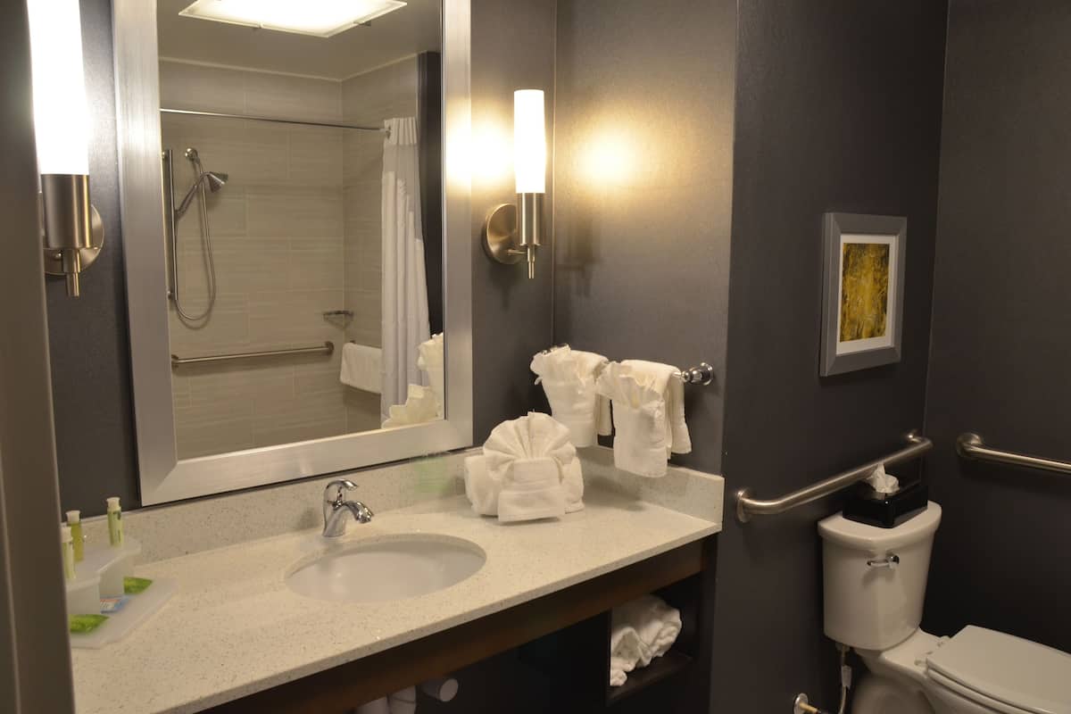 combined shower/bathtub, hair dryer, towels