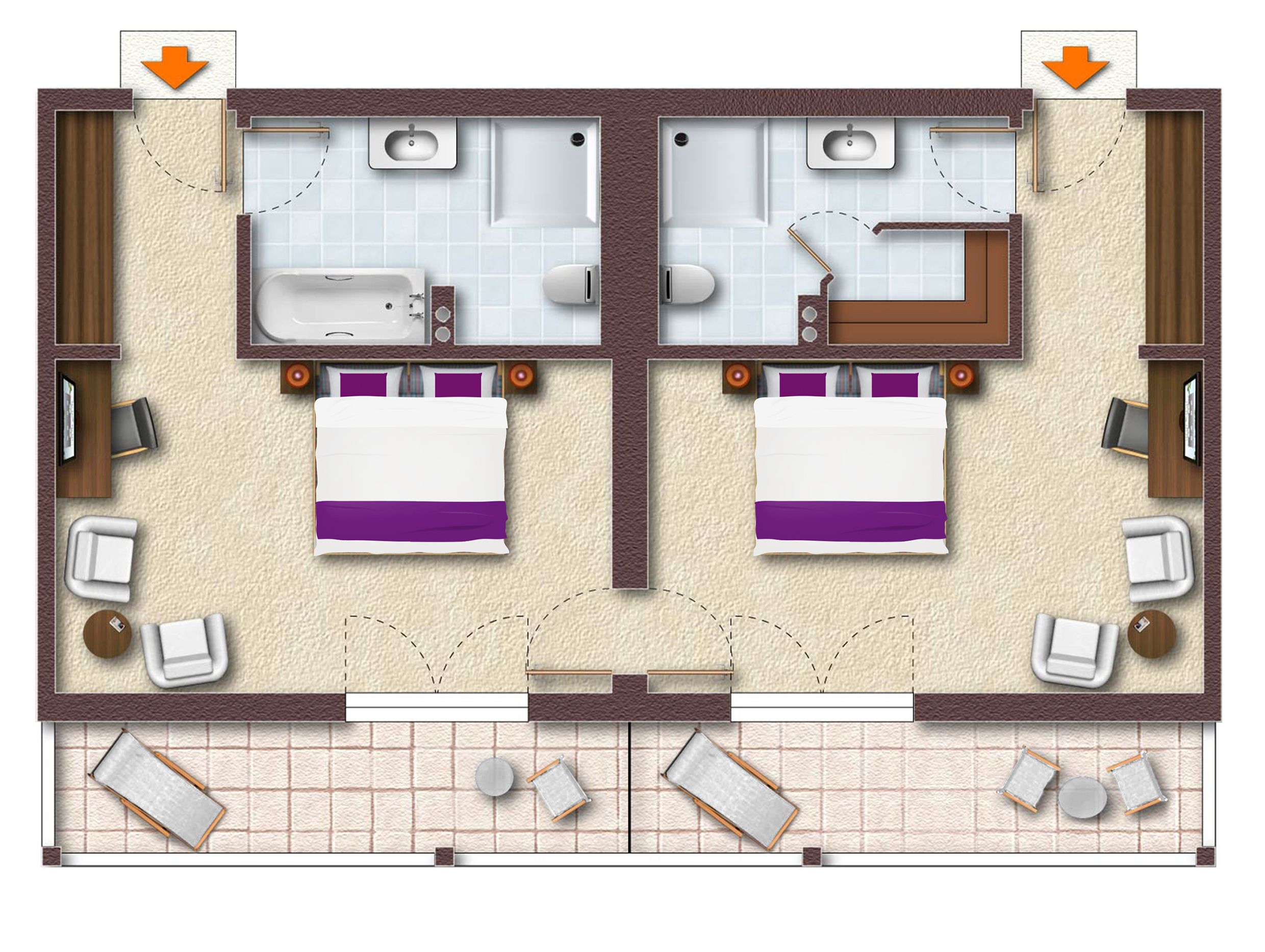 A hotel layout with two bedrooms, each with a bathroom, a sitting area, and a small kitchenette.