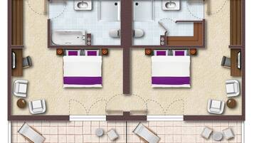 A hotel layout with two bedrooms, each with a bathroom, a sitting area, and a small kitchenette.