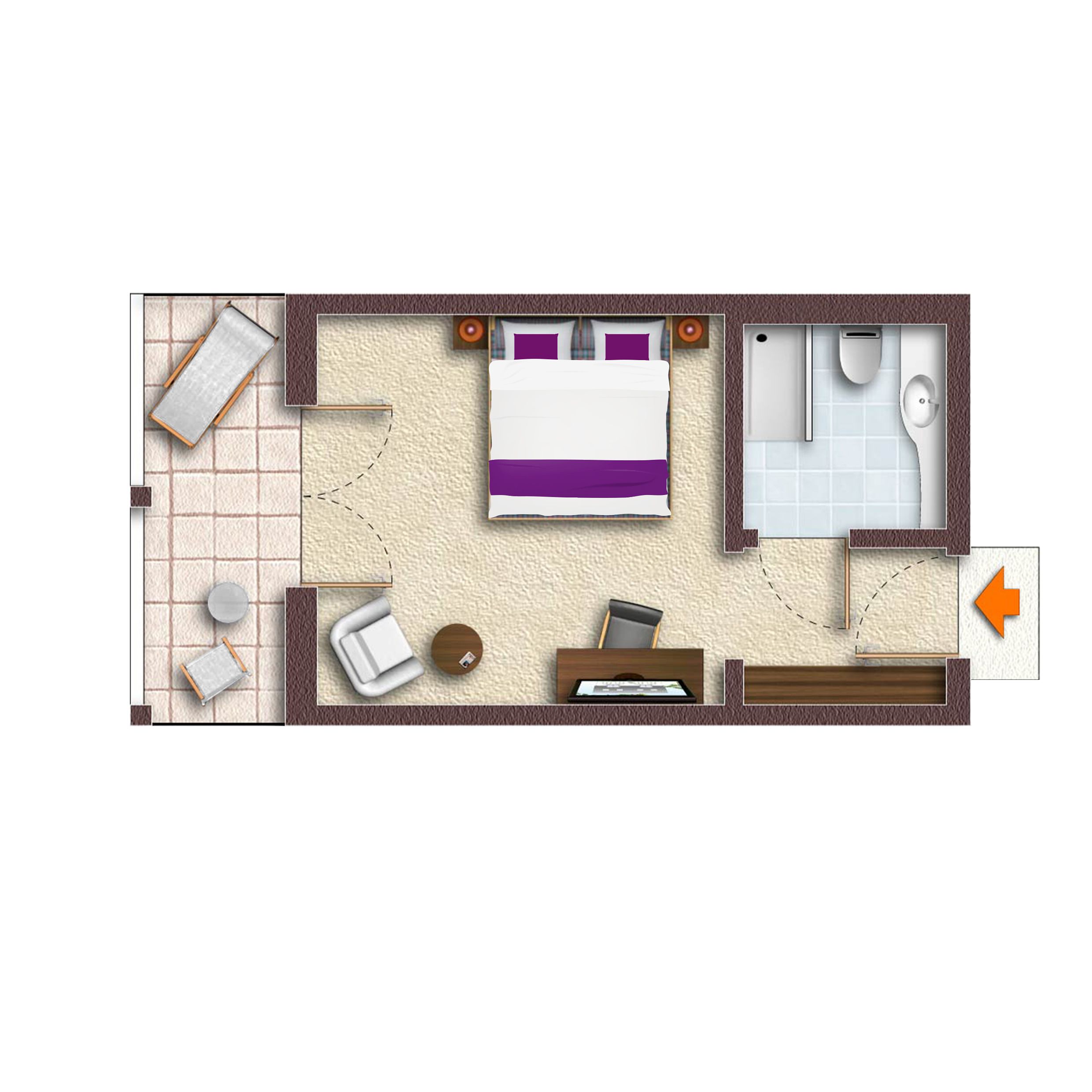 Disposição de quarto de hotel com cama, escrivaninha, cadeira, mesa pequena, sofá e banheiro.