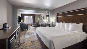 A hotel room with a large bed, a desk, a chair, a TV, and a minibar.