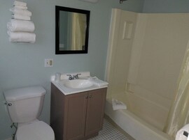Bañera con ducha, secador de pelo, toallas