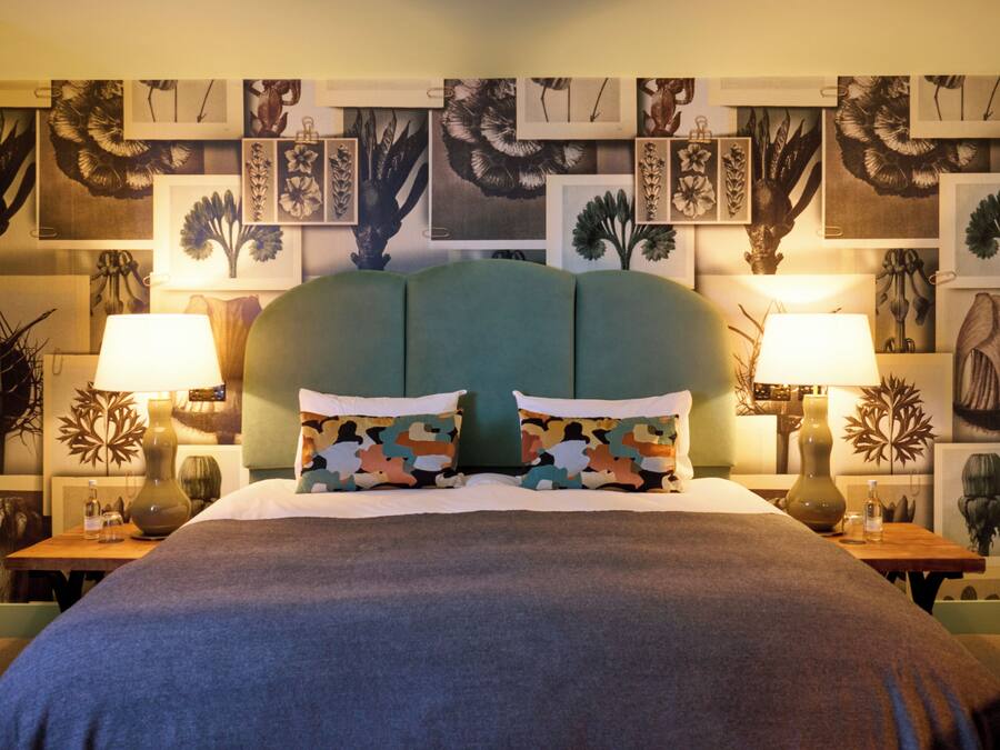 Un lit doté d’une tête de lit recouverte d’un tissu vert, de deux lampes et d’un mur décoré d’illustrations botaniques encadrées.
