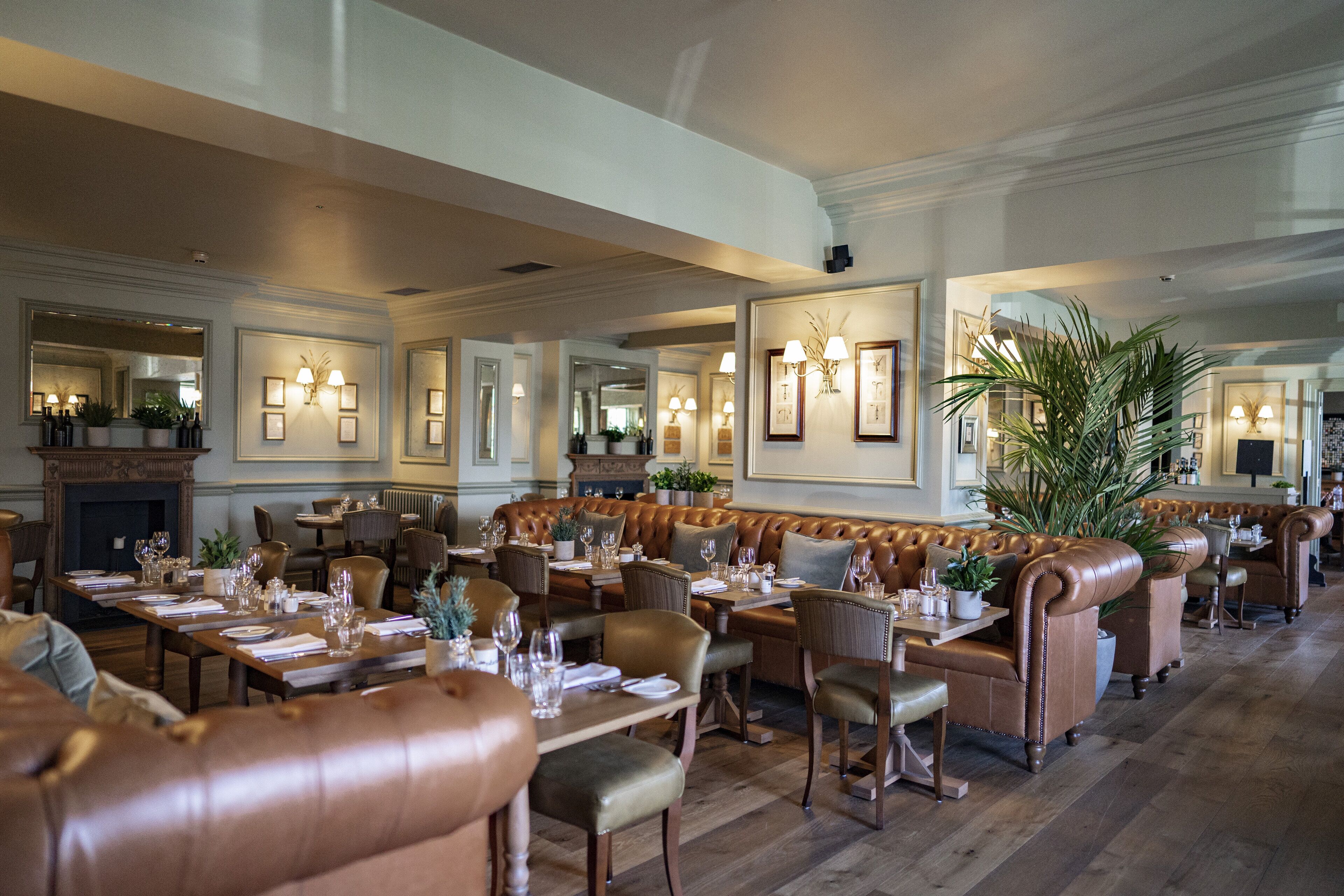A spacious dining area with leather booths and tables, chandeliers, and potted plants.