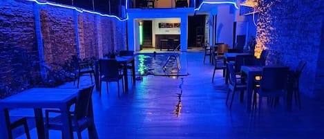 Outdoor pool, pool umbrellas, pool loungers