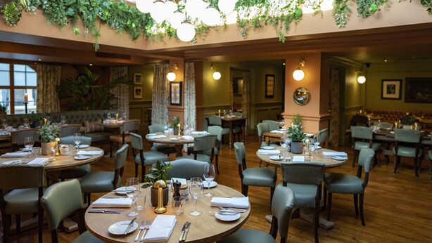 Un restaurant avec des tables rondes, des chaises vertes et un jardin suspendu au plafond.
