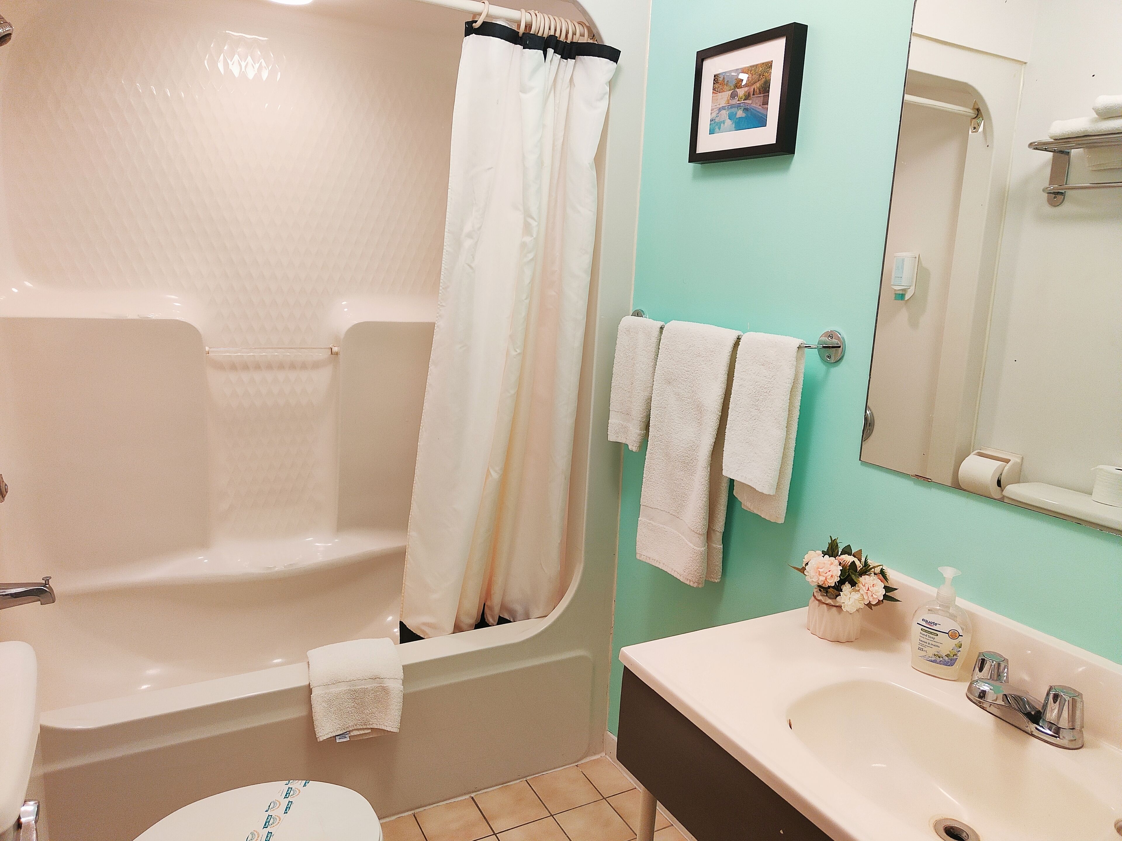 A bathroom with a bathtub, a sink, a toilet, and a mirror.