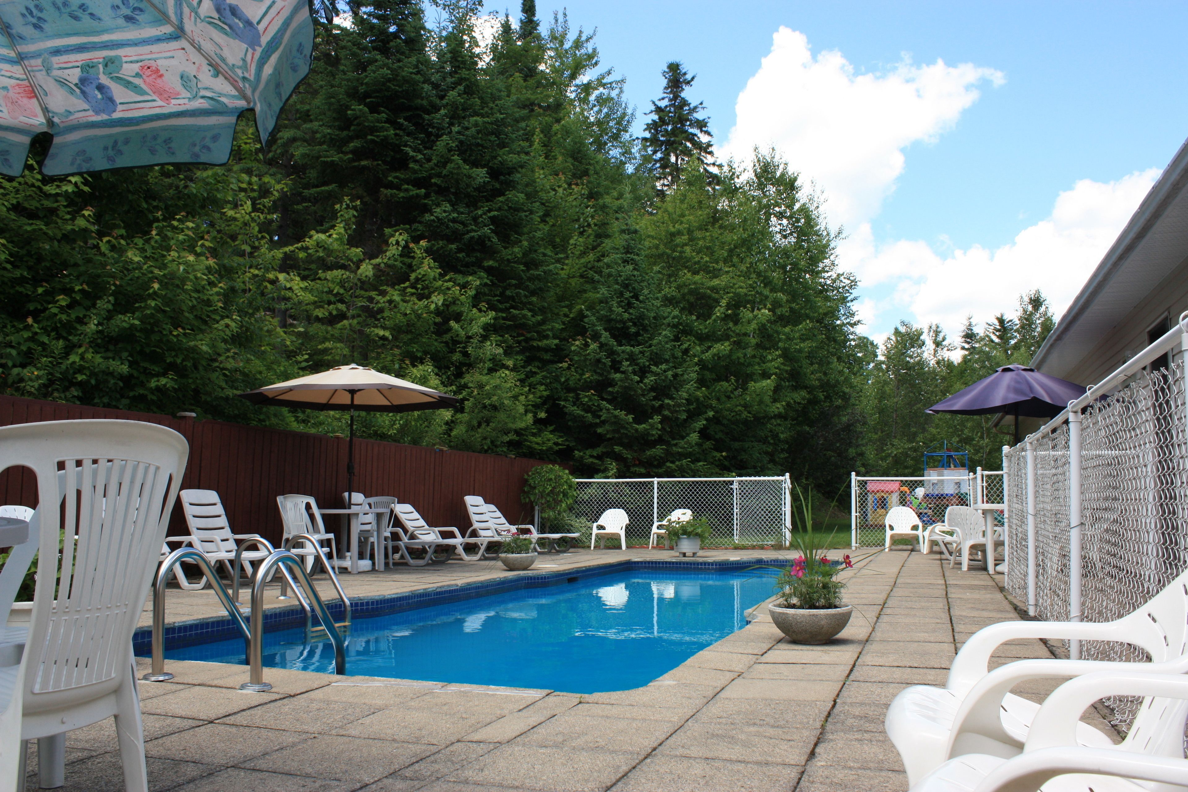 Outdoor pool, pool umbrellas, pool loungers
