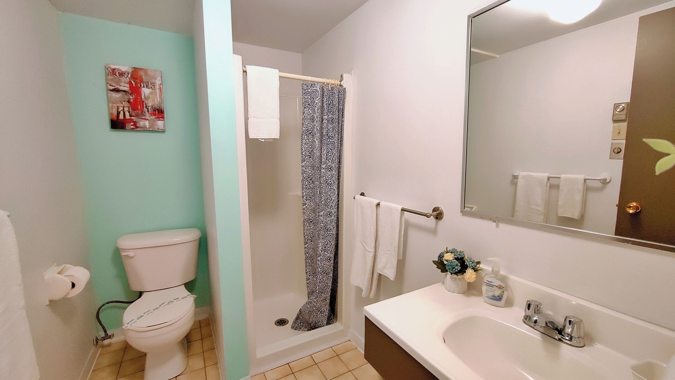Une salle de bain équipée de toilettes, d’une douche, d’un lavabo et d’un miroir.