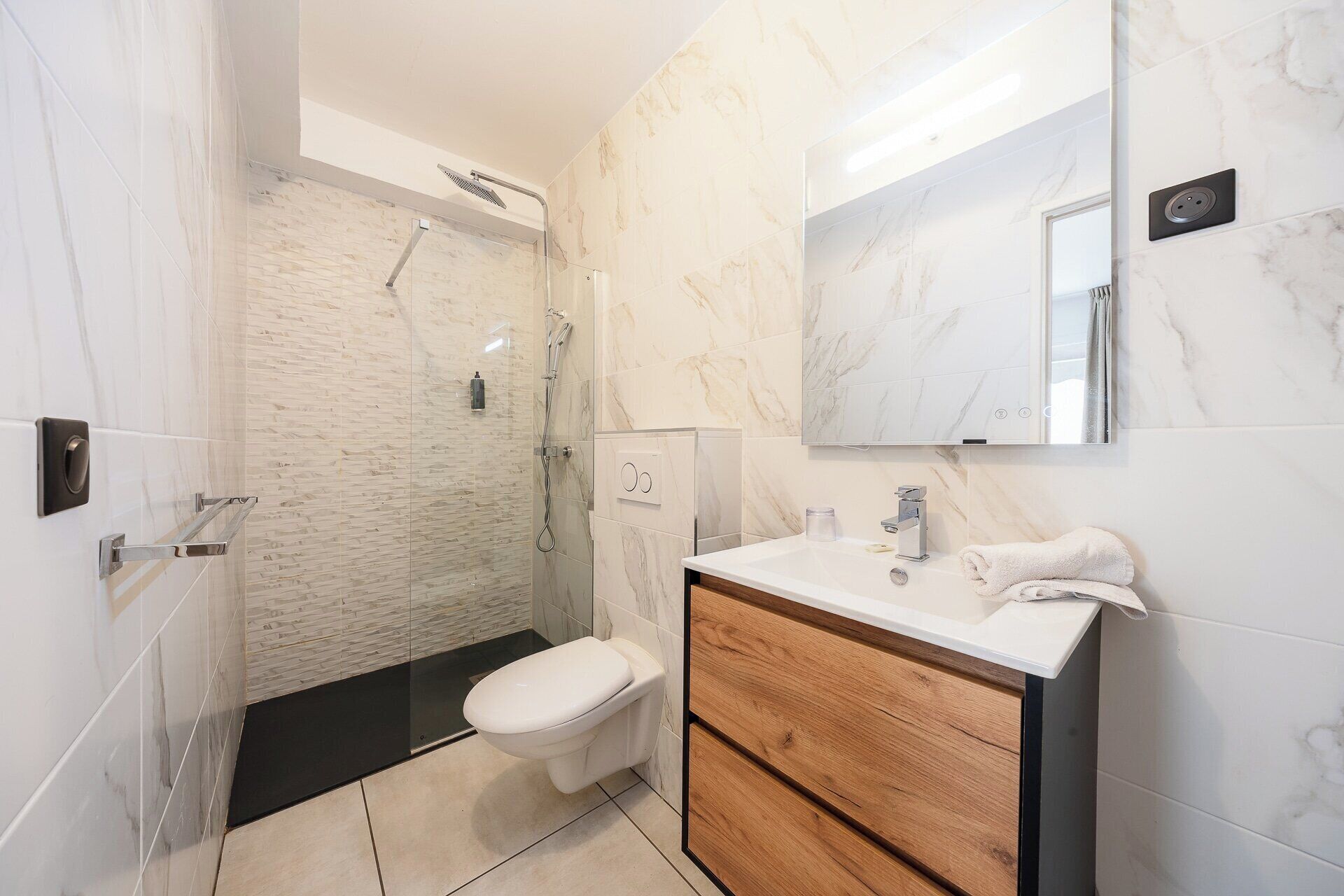 A modern bathroom with a shower, toilet, vanity, and a mirror.