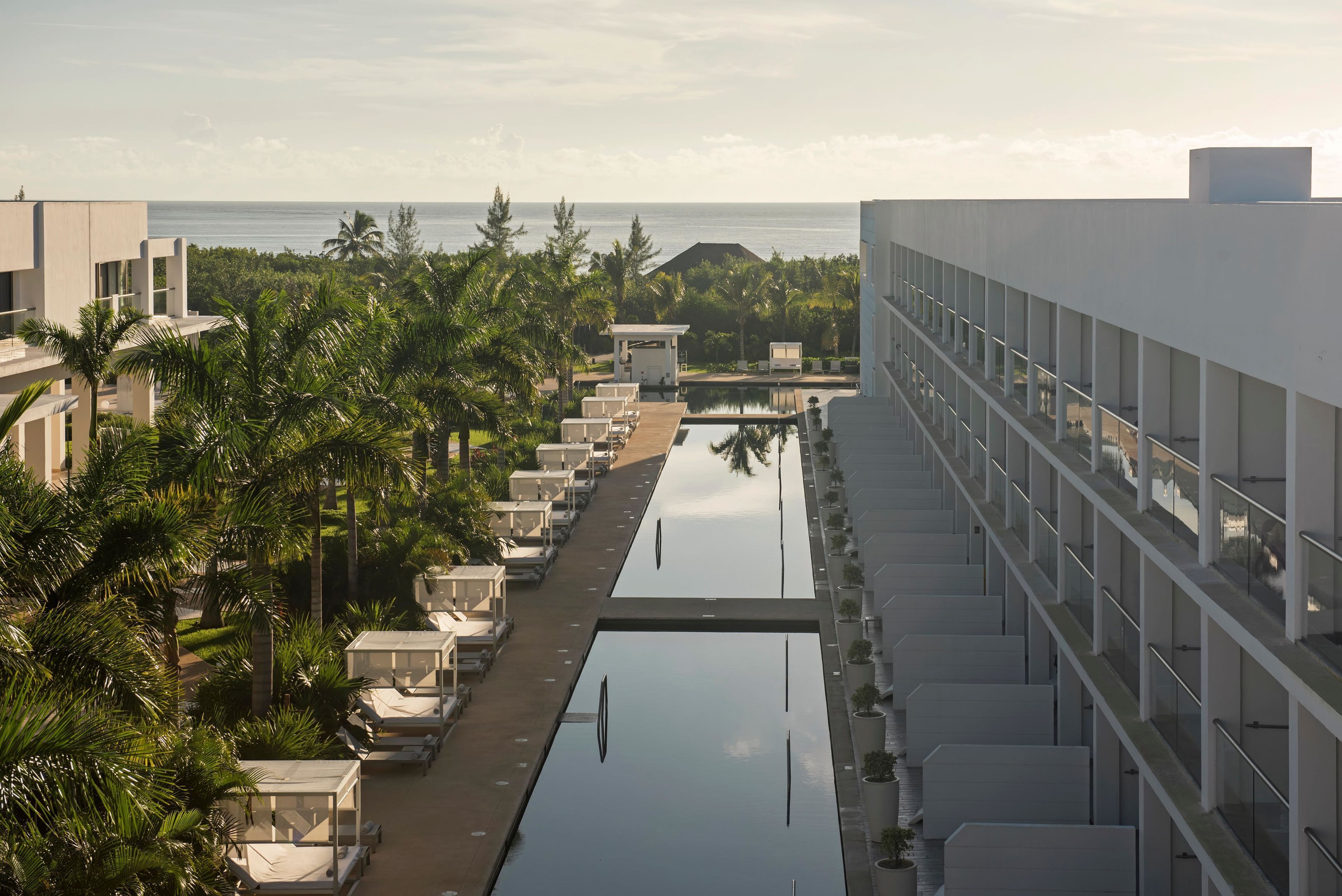 Un resort con piscina, palmeras y vista al océano.