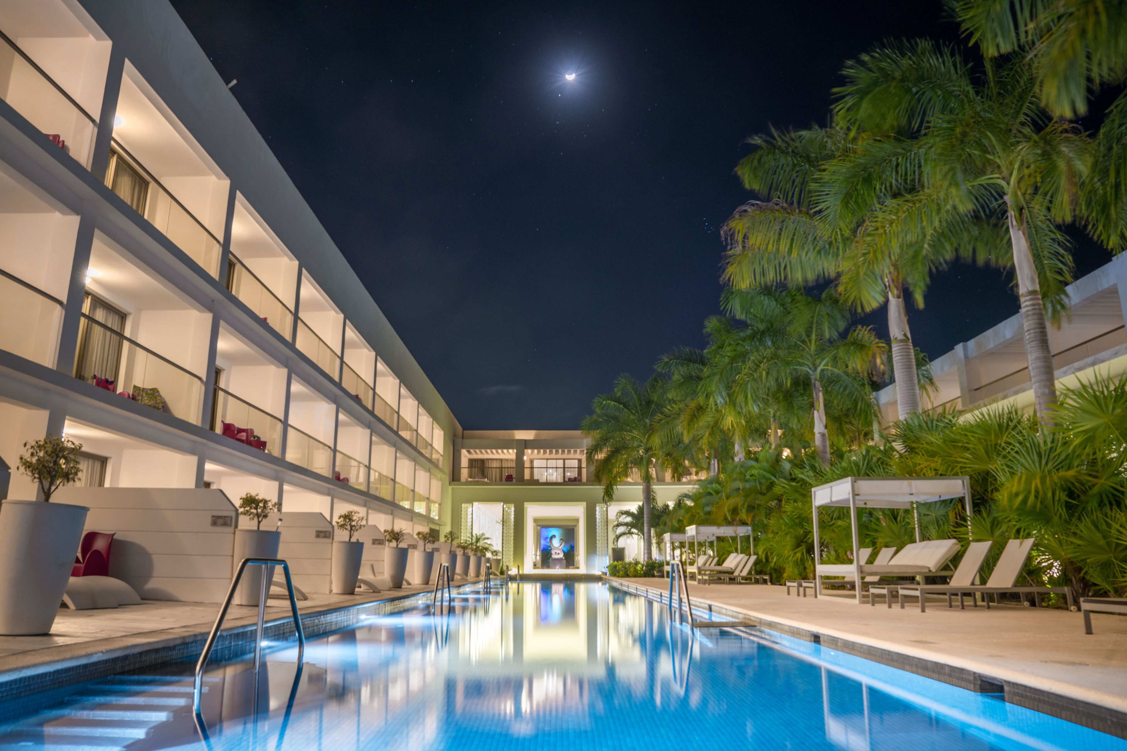 A pool area with a clear view of the pool, lounge chairs, and palm trees.