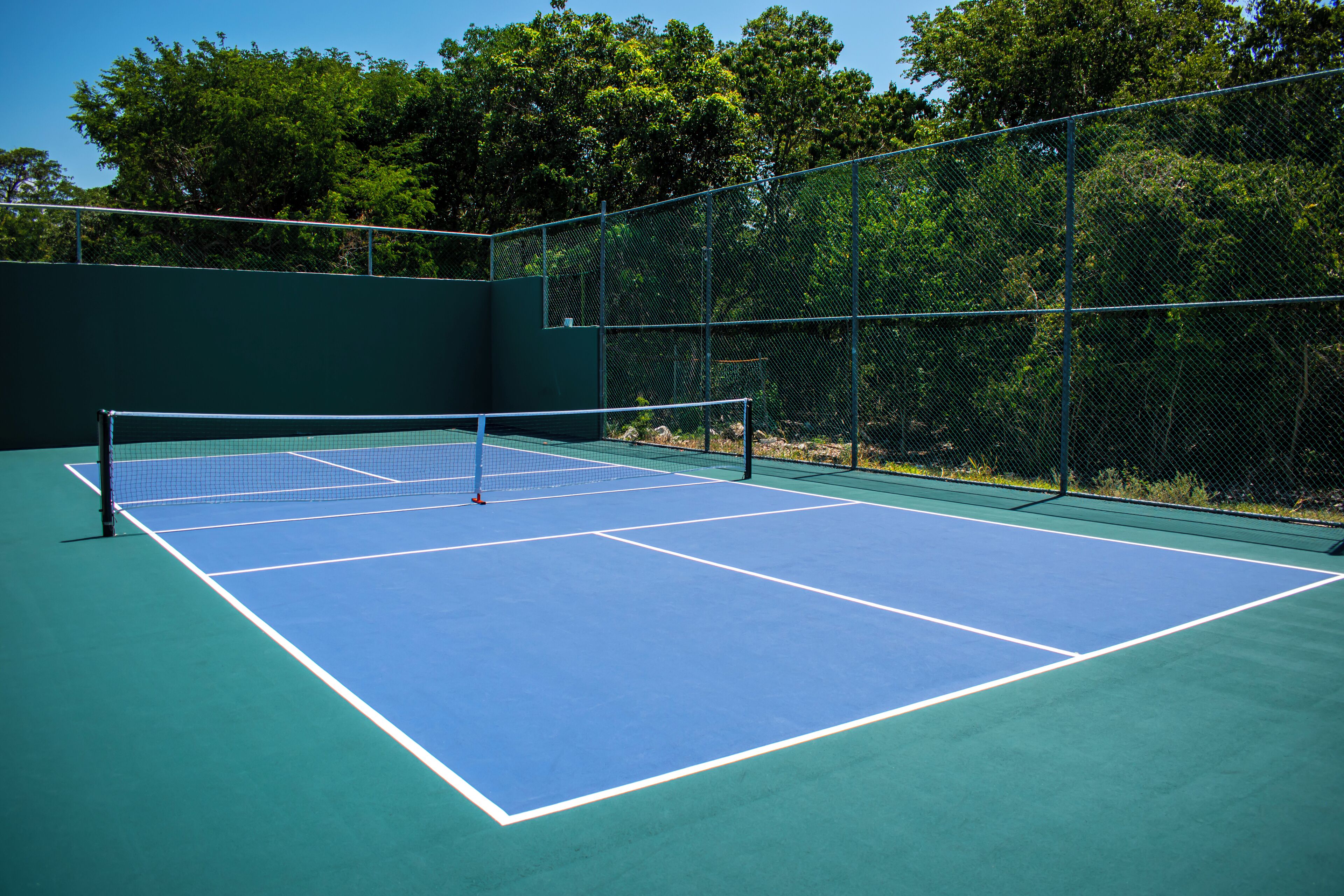 Un court de tennis avec un filet, entouré d’une clôture et d’arbres.