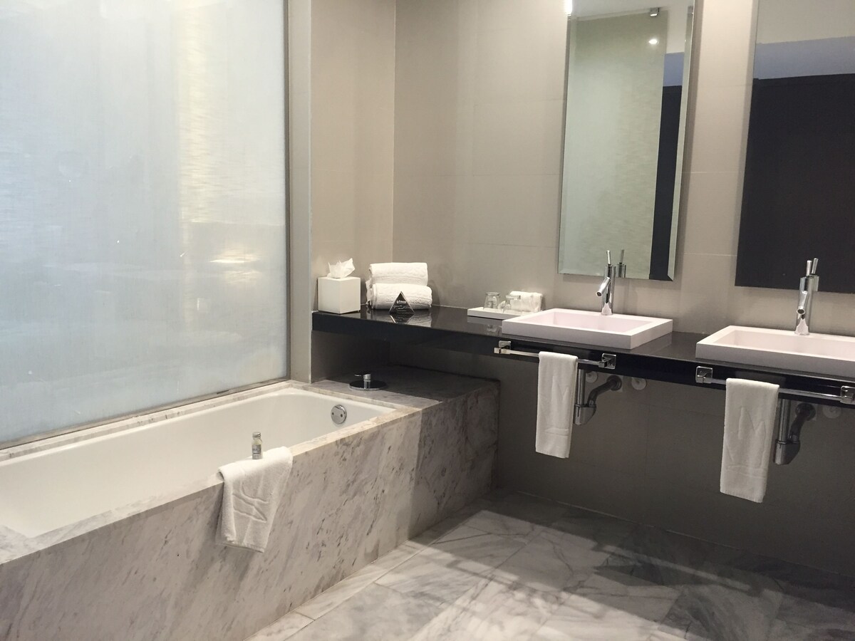 Separate tub and shower, free toiletries, hair dryer, bathrobes